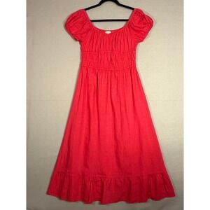 Sim & Sam Midi Dress Coral Smocked Puff Sleeve Ruffle Linen Blend Cottagecore